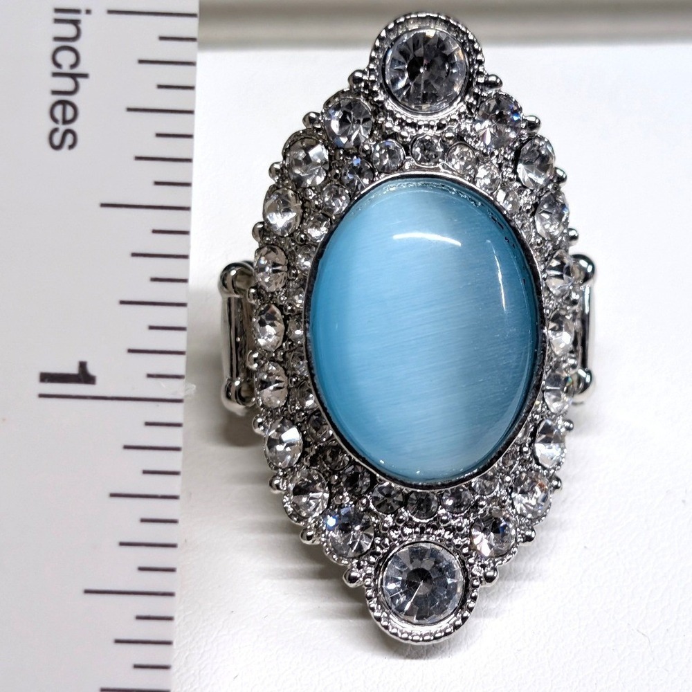 New Big Blue Faux Cat Eye Moonstone Rhinestone Statement Ring SilverTone Stretch
